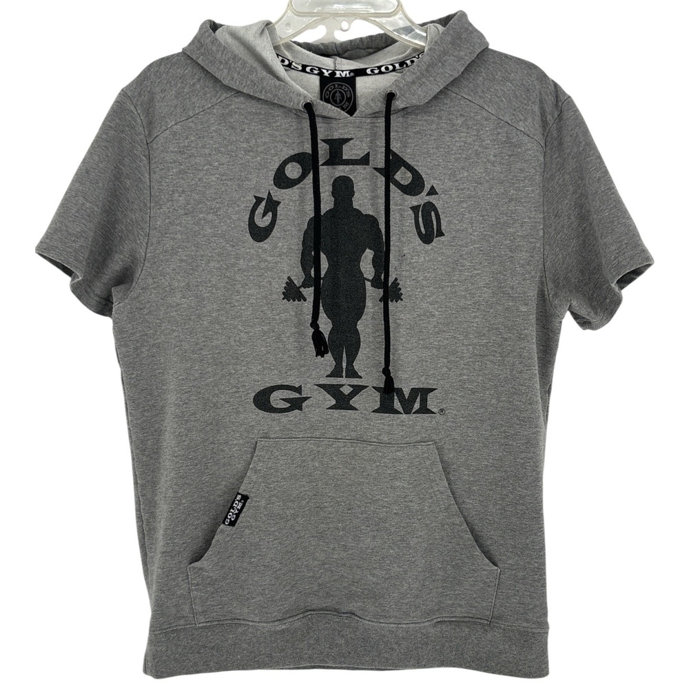 Golds Gym Short Sleeve Hoodie Gray Graphic Muscle Gym Mens Size Medium